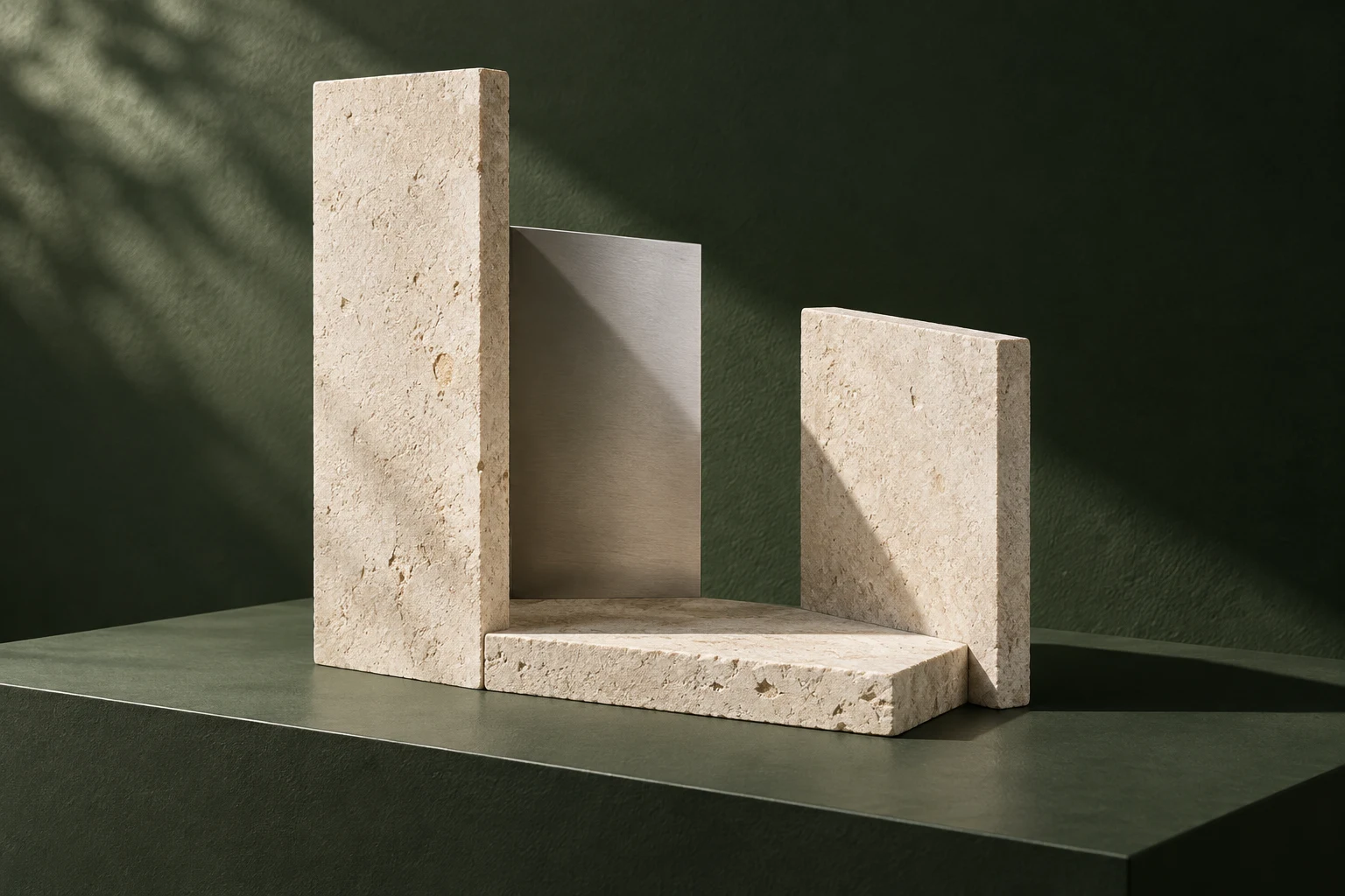 Light on a sculptural arrangement of limestone and aluminium
