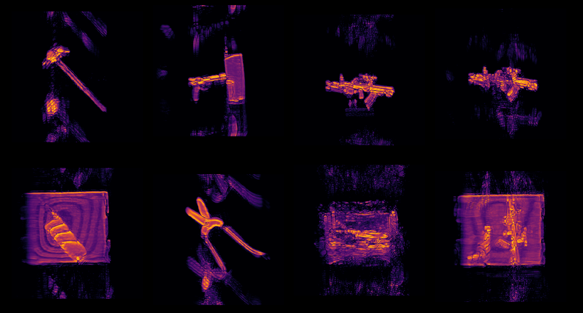 Eight reconstructed radar views showing tools and other objects in orange and violet against black