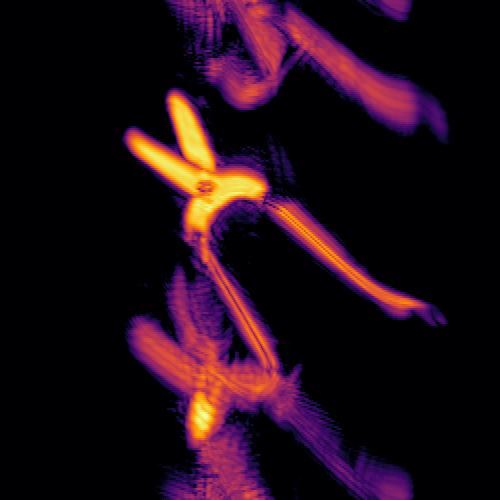Reconstructed radar image of snips, shown in orange and violet